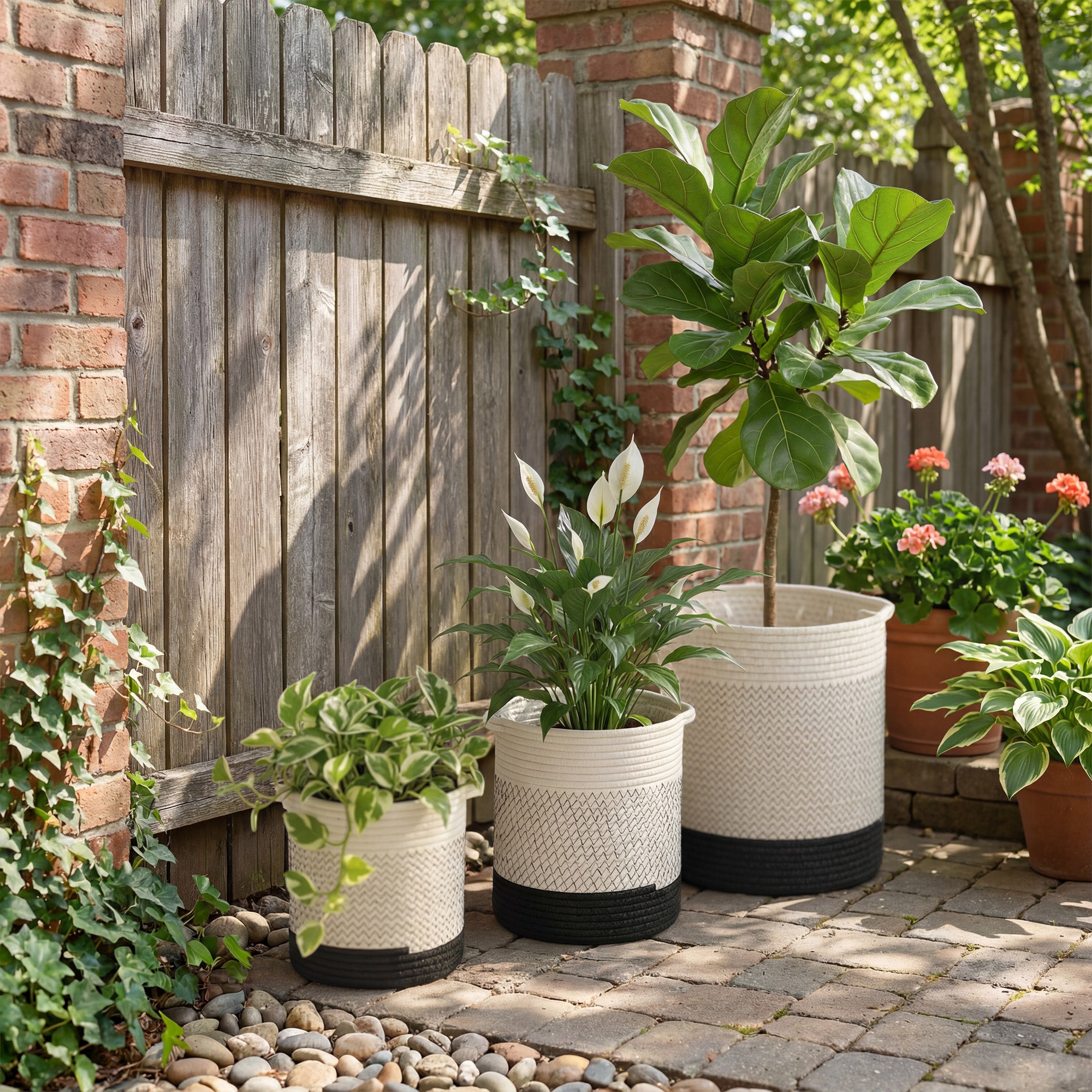 Outsunny Plant Pots Handwoven Cotton Indoor Planters with Waterproof Liner Set of 3 White 
