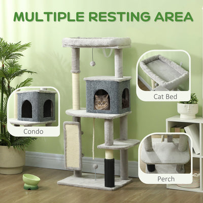 PawHut 132cm Cat Tree w/ Scratching Posts, Pad, Cat Bed, Cat House, Jumping Platform, Grooming Brush, Anti-Tip Kit, Light Grey 