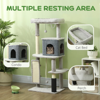PawHut 132cm Cat Tree w/ Scratching Posts, Pad, Cat Bed, Cat House, Jumping Platform, Grooming Brush, Anti-Tip Kit, Light Grey 