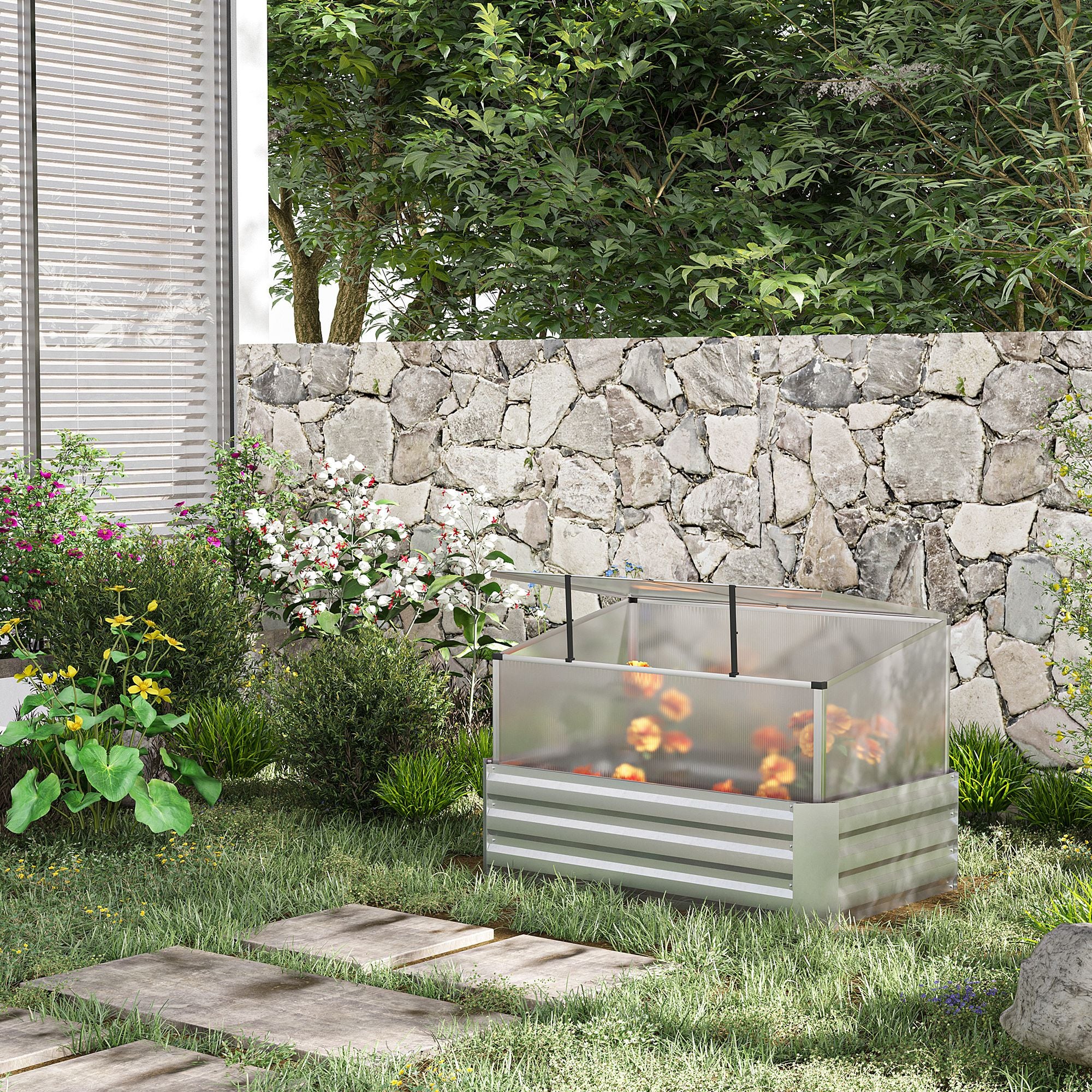 Outsunny Raised Beds for Garden with Mini Greenhouse, Galvanised Outdoor Planters and Cold Grame, for Herbs and Vegetables 