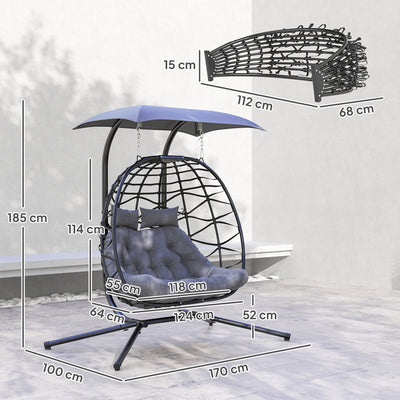 Outsunny Rattan Double Hanging Egg Chair with Canopy, Foldable Wicker Swing Egg Chair with Cushion, Head Pillows, Stand, Steel Frame, Hammock Chair for Indoor Outdoor, Capacity 260 kg, Black 