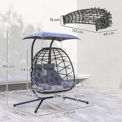 Outsunny Rattan Double Hanging Egg Chair with Canopy, Foldable Wicker Swing Egg Chair with Cushion, Head Pillows, Stand, Steel Frame, Hammock Chair for Indoor Outdoor, Capacity 260 kg, Black