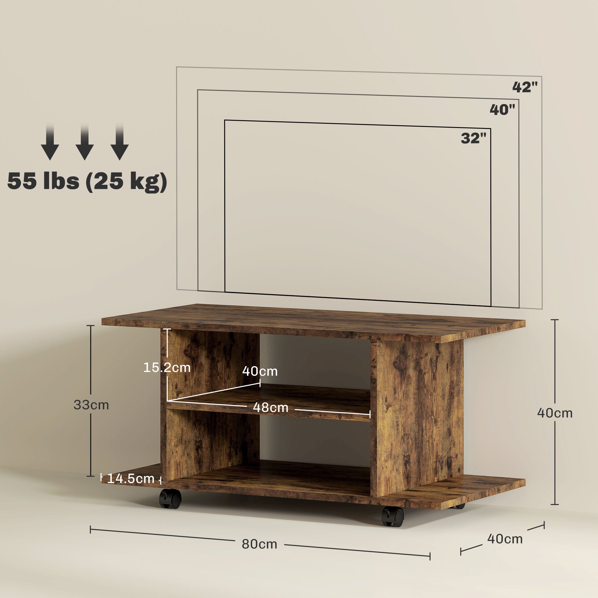 HOMCOM Modern TV Cabinet Stand Storage Shelves Table Mobile Bedroom Furniture Bookshelf Bookcase Rustic Brown 