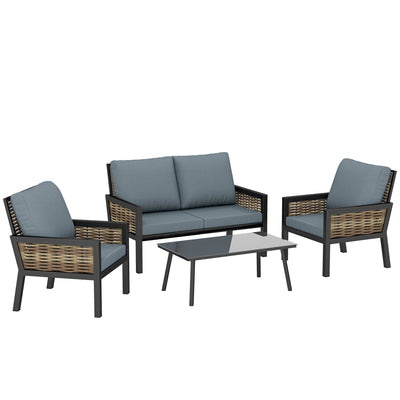 Outsunny 4 Seater Rattan Garden Furniture Set with 2 Armchairs, Loveseat, Coffee Table, Garden Sofa Set with Cushions, Grey 