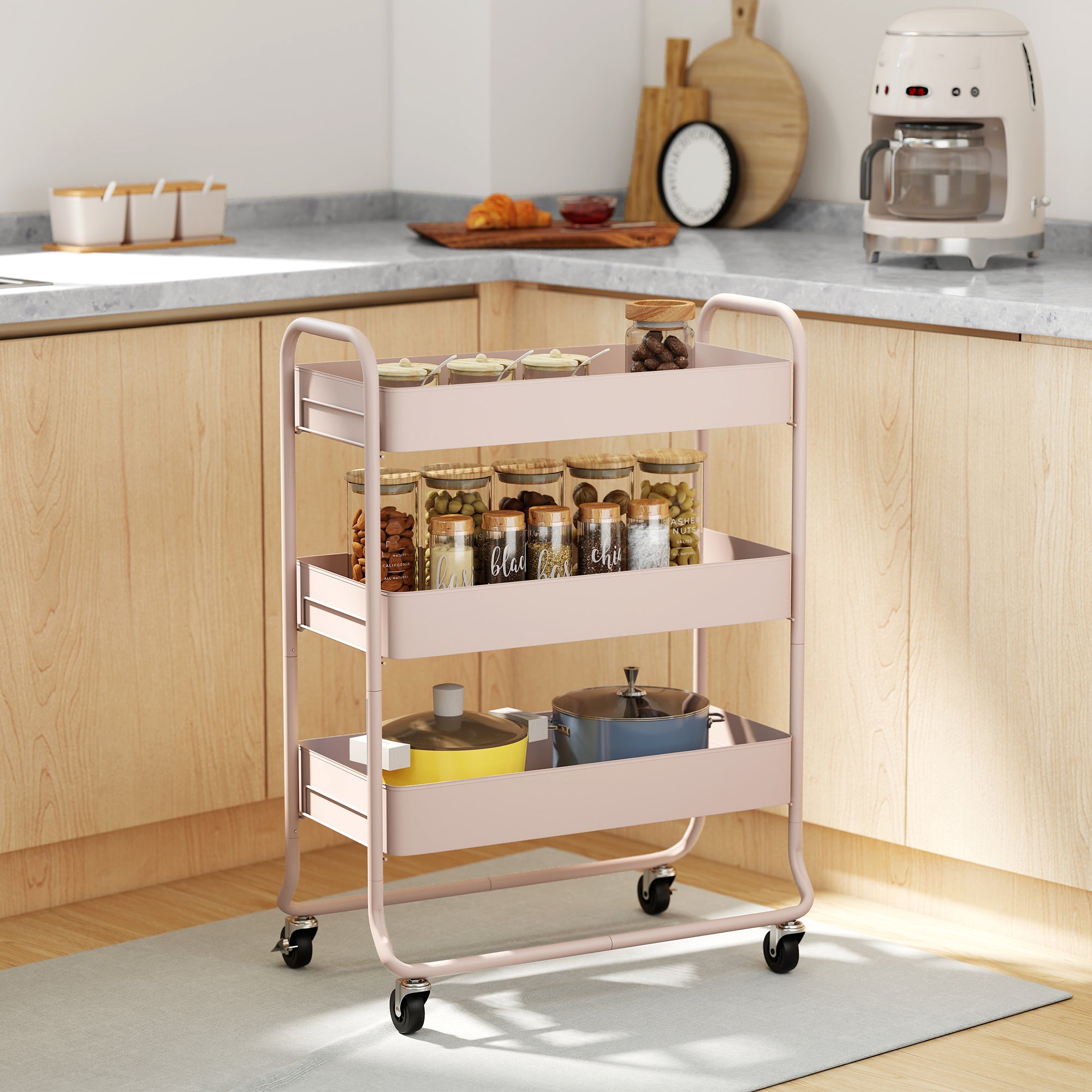 HOMCOM 3-Tier Storage Trolley on Wheels, Rolling Utility Cart with Mesh Backets for Kitchen, Bathroom, Bedroom, Light Pink 