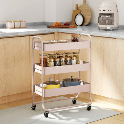 HOMCOM 3-Tier Storage Trolley on Wheels, Rolling Utility Cart with Mesh Backets for Kitchen, Bathroom, Bedroom, Light Pink 