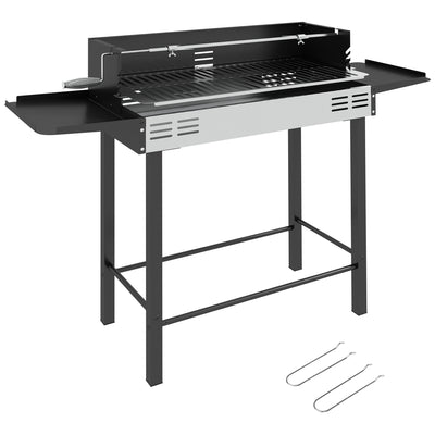 Outsunny BBQ Rotisserie Grill Roaster Charcoal Spit Roasting Machine for Chicken Turkey with 3-Level Grill Grate, Side Shelves 