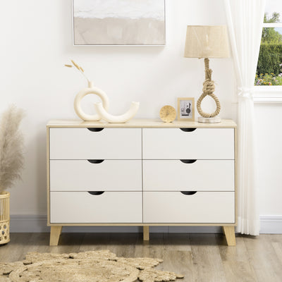 HOMCOM Bedroom Chest of Drawers, Wide 6-Drawer Dresser, Storage Drawer Unit with Wood Legs for Living Room, White and Light Brown 