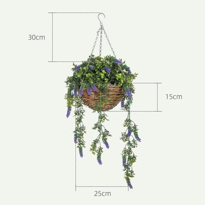 HOMCOM Set of 2 Decorative Artificial Plants, Faux Silk Lavender Flowers in Hanging Baskets, Fake Plants for Home Indoor Outdoor Decor, Purple 