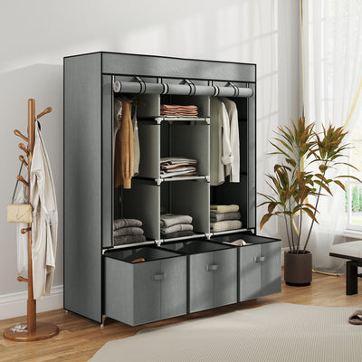 HOMCOM Fabric Wardrobe for Bedroom, Portable Wardrobe with 5 Shelves, 2 Hanging Rails and 3 Fabric Drawers, Foldable Closet, 125 x 43 x 162.5cm, Light Grey 