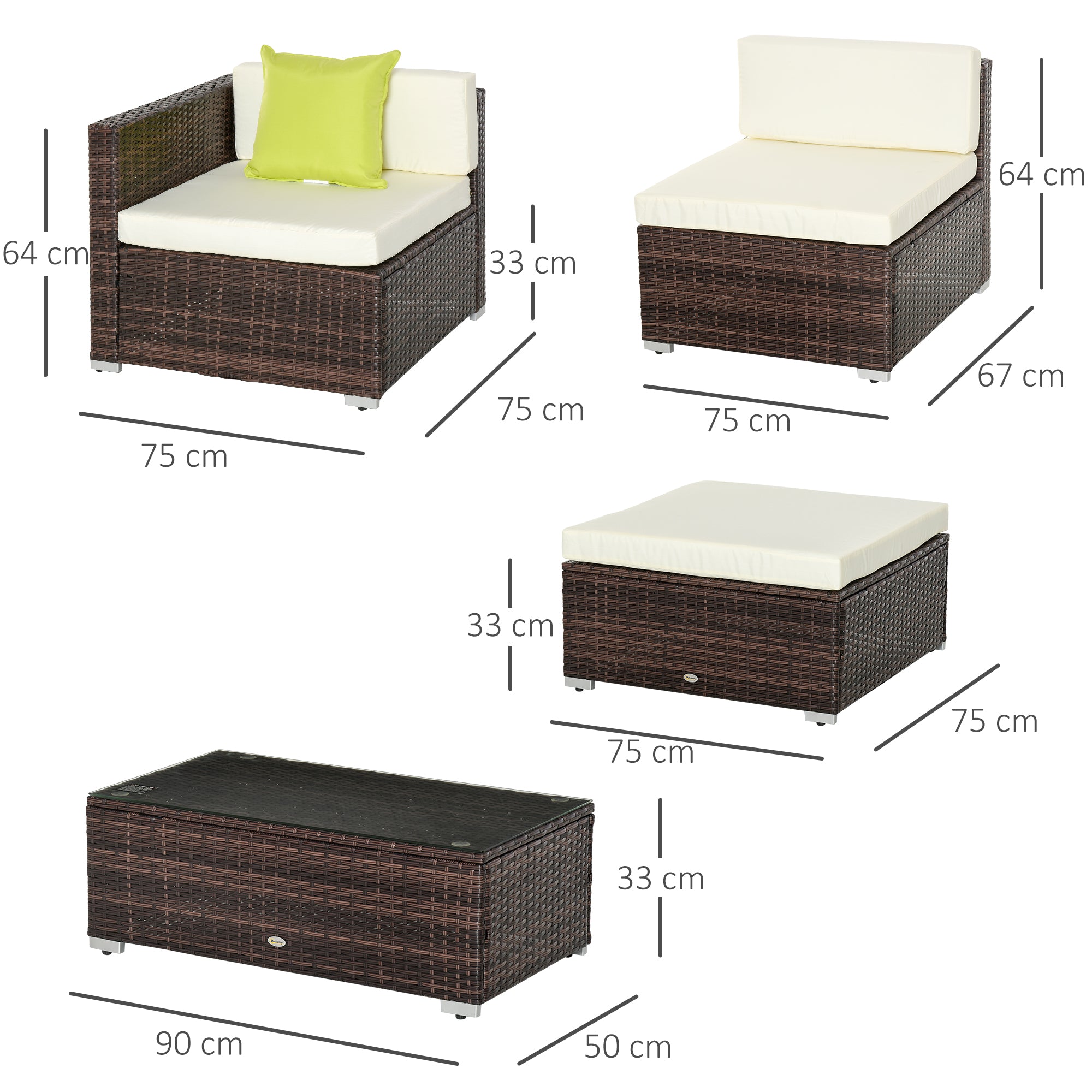 Outsunny 4-Seater Rattan Sofa Set Garden Outdoor Sectional Sofa Coffee Table Combo Patio Furniture-Brown 