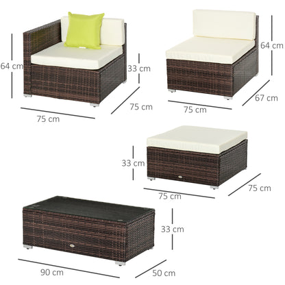 Outsunny 4-Seater Rattan Sofa Set Garden Outdoor Sectional Sofa Coffee Table Combo Patio Furniture-Brown 