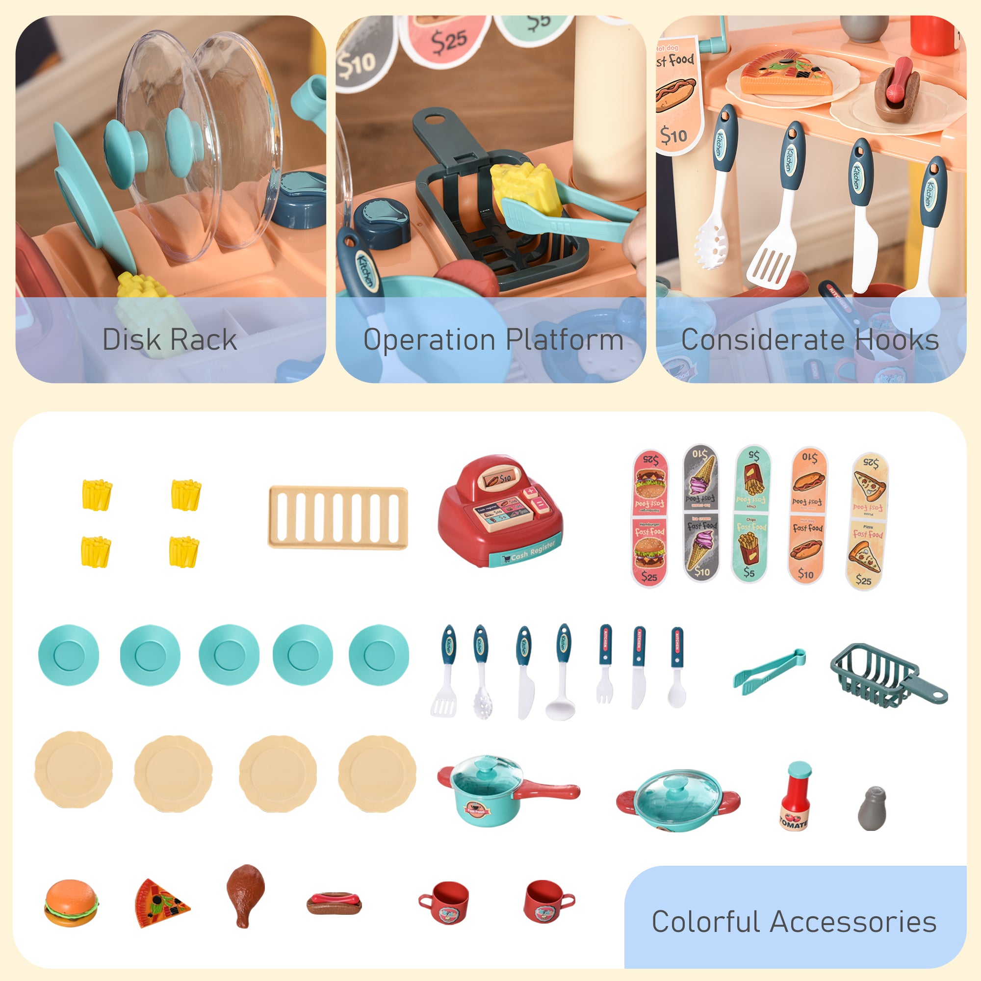HOMCOM 50 Pcs Kids Kitchen Play set Fast Food Trolley Cart Pretend Playset Toys with Play Food Cashier Register Accessories Gift for Boys Girls Age 3-6 