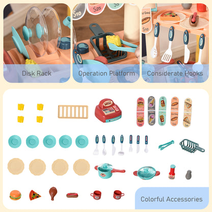 HOMCOM 50 Pcs Kids Kitchen Play set Fast Food Trolley Cart Pretend Playset Toys with Play Food Cashier Register Accessories Gift for Boys Girls Age 3-6 