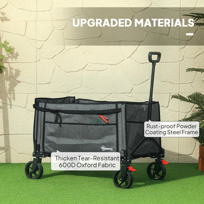 Outsunny Folding Trolley on Wheels, 150L Collapsible Wagon Festival Trolley Cart with Openable Sides, Adjustable Handle and Brakes for Shopping Camping Beach and Garden, Grey 
