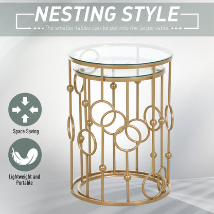 HOMCOM Round Coffee Tables Set of 2, Gold Nesting Side End Tables with Tempered Glass Top, Steel Frame for Living Room, Gold 