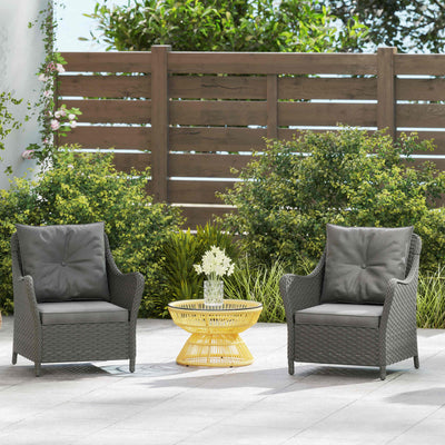 Outsunny Rattan Garden Chairs Set of 2, Outdoor Rattan Chairs with Cushions, Armrests and High Back, PE Wicker Garden Armchair with Steel Frame for Balcony, Porch, Dark Grey 