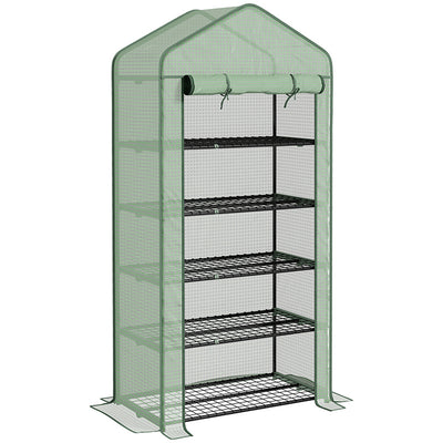 Outsunny 5 Tier Widened Mini Greenhouse with Reinforced PE Cover, Portable Indoor Outdoor Green House with Roll-up Door and Wire Shelves, 193H x 90W x 49Dcm, Green 