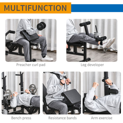 HOMCOM Multi-Exercise Full-Body Weight Rack with Bench Press, Leg Extension, Chest Fly Resistance Band & Preacher Curl 