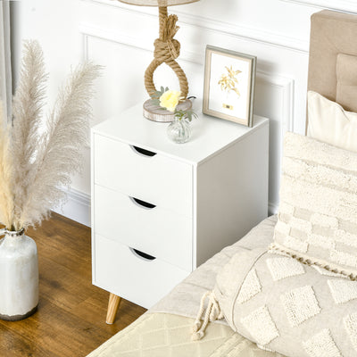 HOMCOM Bedside Table, Bedside Cabinet with 3 Drawers, Small Side Table with Wood Legs and Cut-out Handles for Bedroom, White 