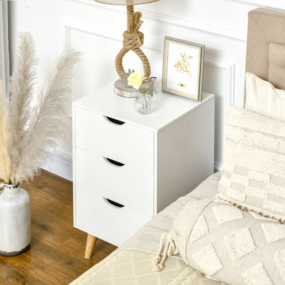 HOMCOM Bedside Table, Bedside Cabinet with 3 Drawers, Small Side Table with Wood Legs and Cut-out Handles for Bedroom, White
