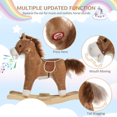 HOMCOM Kids Plush Rocking Horse w/ Sound Moving Mouth Wagging Tail Children Rocker Ride On Toy Gift 3-6 Years Brown 