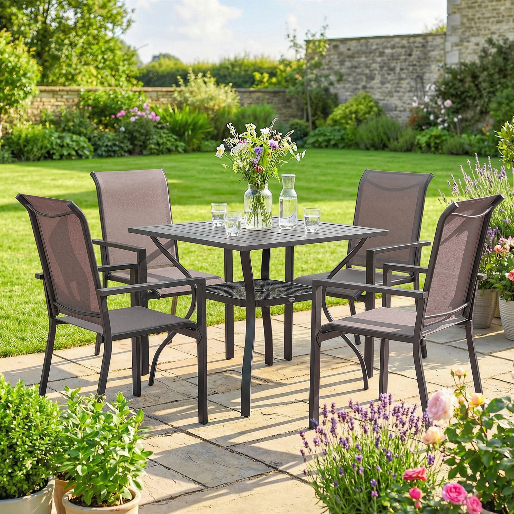 Outsunny 5 Pieces Outdoor Dining Set for 4, Garden Table and Stackable Chairs with Breathable Mesh Seat, Grey and Khaki 
