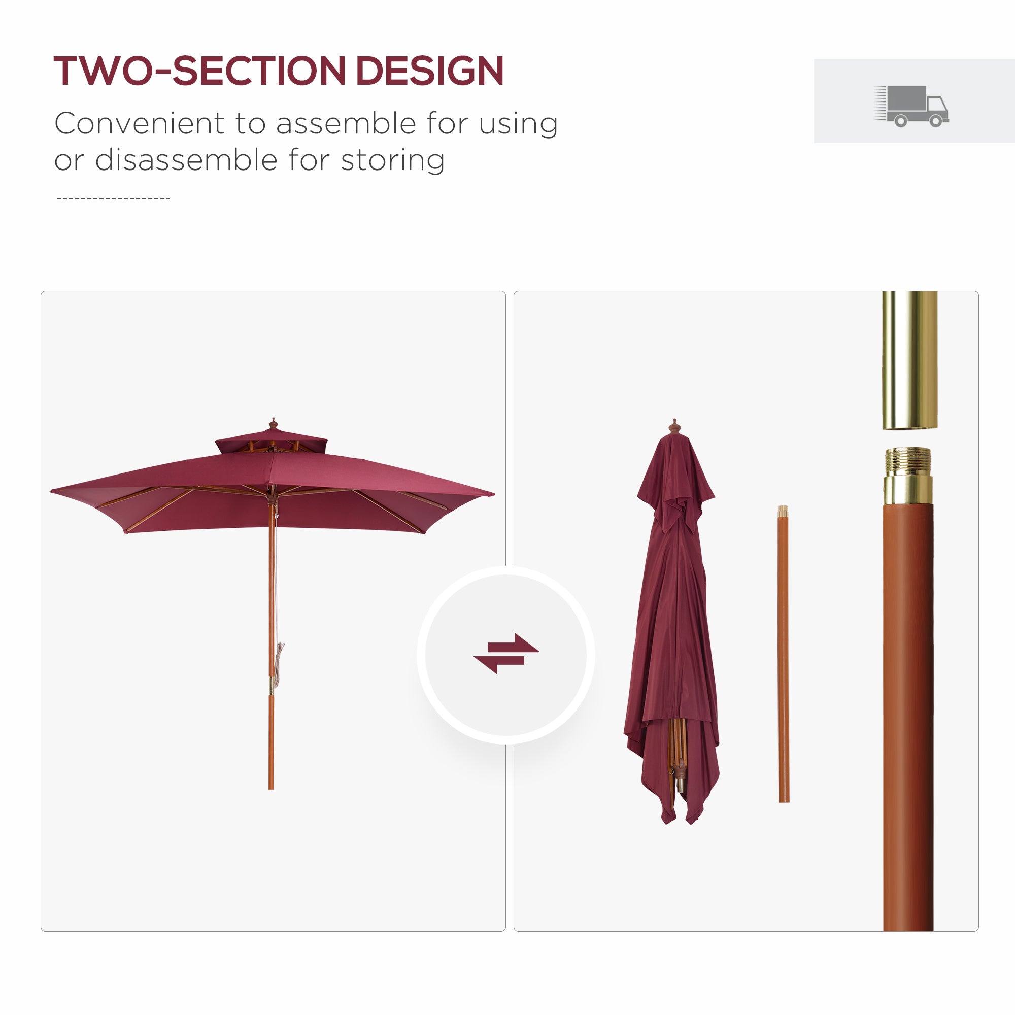 Outsunny 3 x 3(M) Garden Parasol Umbrella Sunshade, Outdoor Wooden Parasol with Double Tier Canopy, Wine Red 