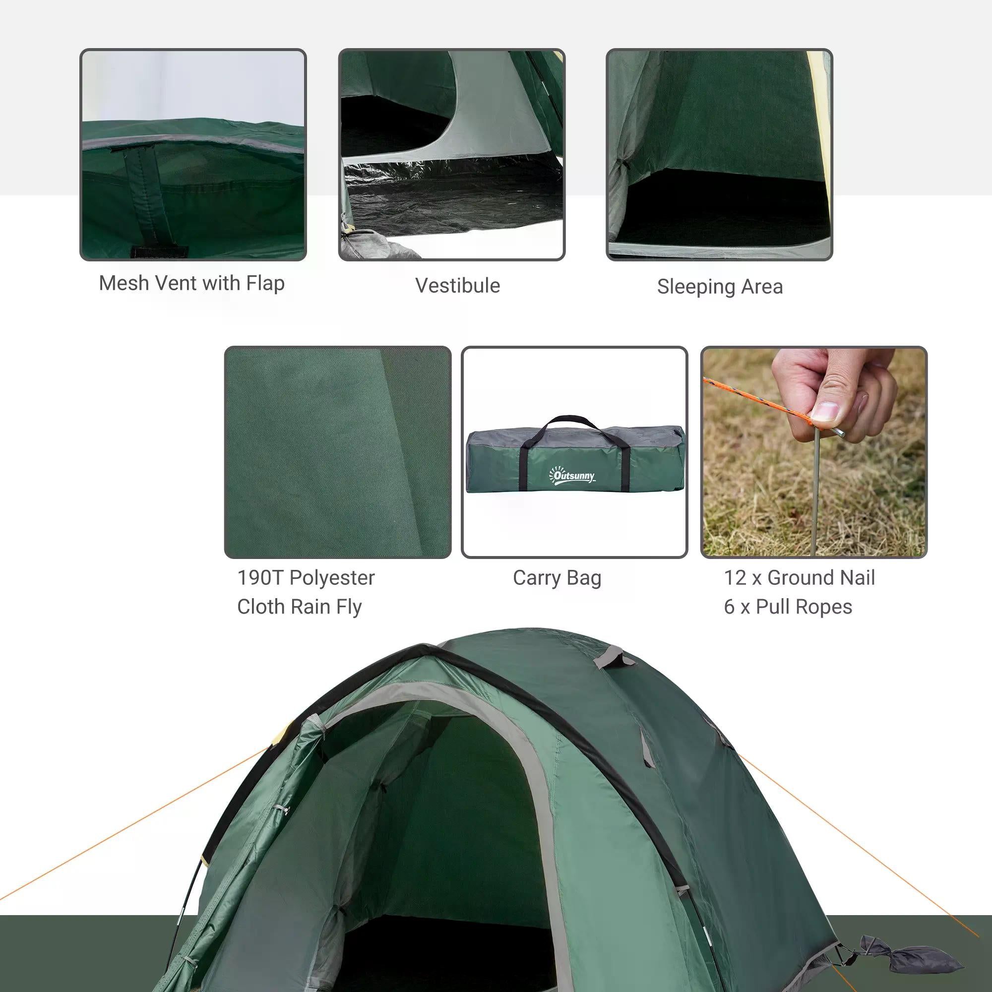 Outsunny Dome Tent for 3-4 Person Family Tent with Large Windows Waterproof Green 