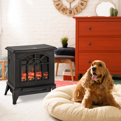 HOMCOM 1000W/2000W Freestanding Electrical Fireplace Indoor Heater Stove Log Wood LED Burning Effect Flame with Thermostat Control Black 