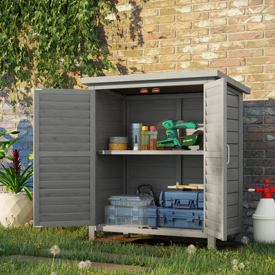 Outsunny Garden Shed Wooden Garden Storage Shed 2 Door Unit Solid Fir Wood Garage Tool Organisation Cabinet, 87L x 46.5W x 96.5Hcm, Grey 