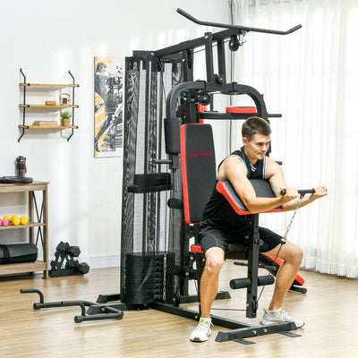 SPORTNOW Multi Gym Workout Station, Weight Machine with 65kg Weight Stack, Sit Up Bench, Push Up Stand, Dip Station 