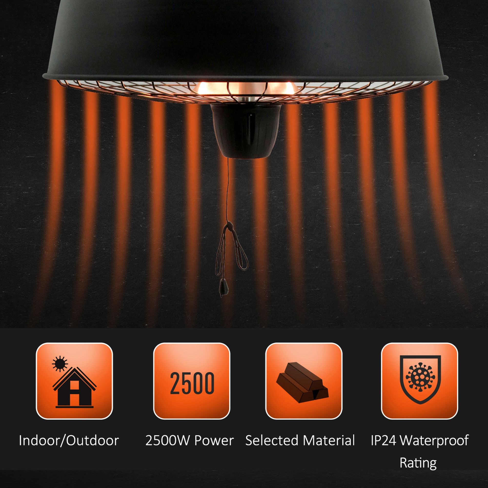 Outsunny Adjustable Power 1000/2500W Infrared Halogen Electric Patio Light Heater, Ceiling Hanging Mount -Black 