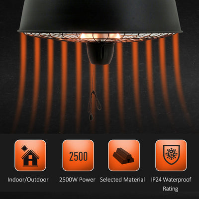 Outsunny Adjustable Power 1000/2500W Infrared Halogen Electric Patio Light Heater, Ceiling Hanging Mount -Black 