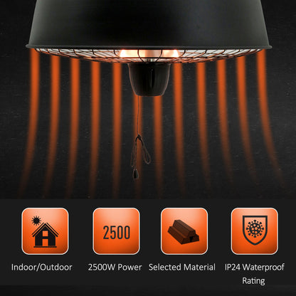 Outsunny Adjustable Power 1000/2500W Infrared Halogen Electric Patio Light Heater, Ceiling Hanging Mount -Black 