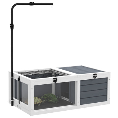PawHut Tortoise Table with Adjustable Lamp Holder, Wooden Tortoise House w/ Openable Lids, Pull-Out Trays - Grey 