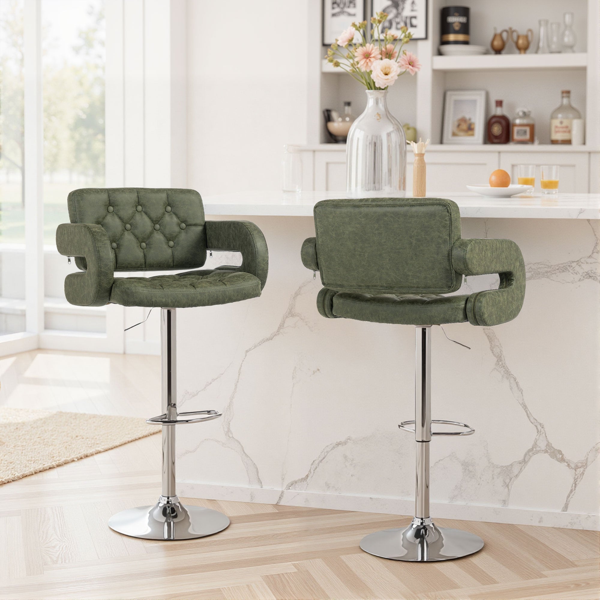 HOMCOM PU Leather Upholstered Swivel Bar Stool, Height Adjustable with Back, Armrest, Footrest, Green 