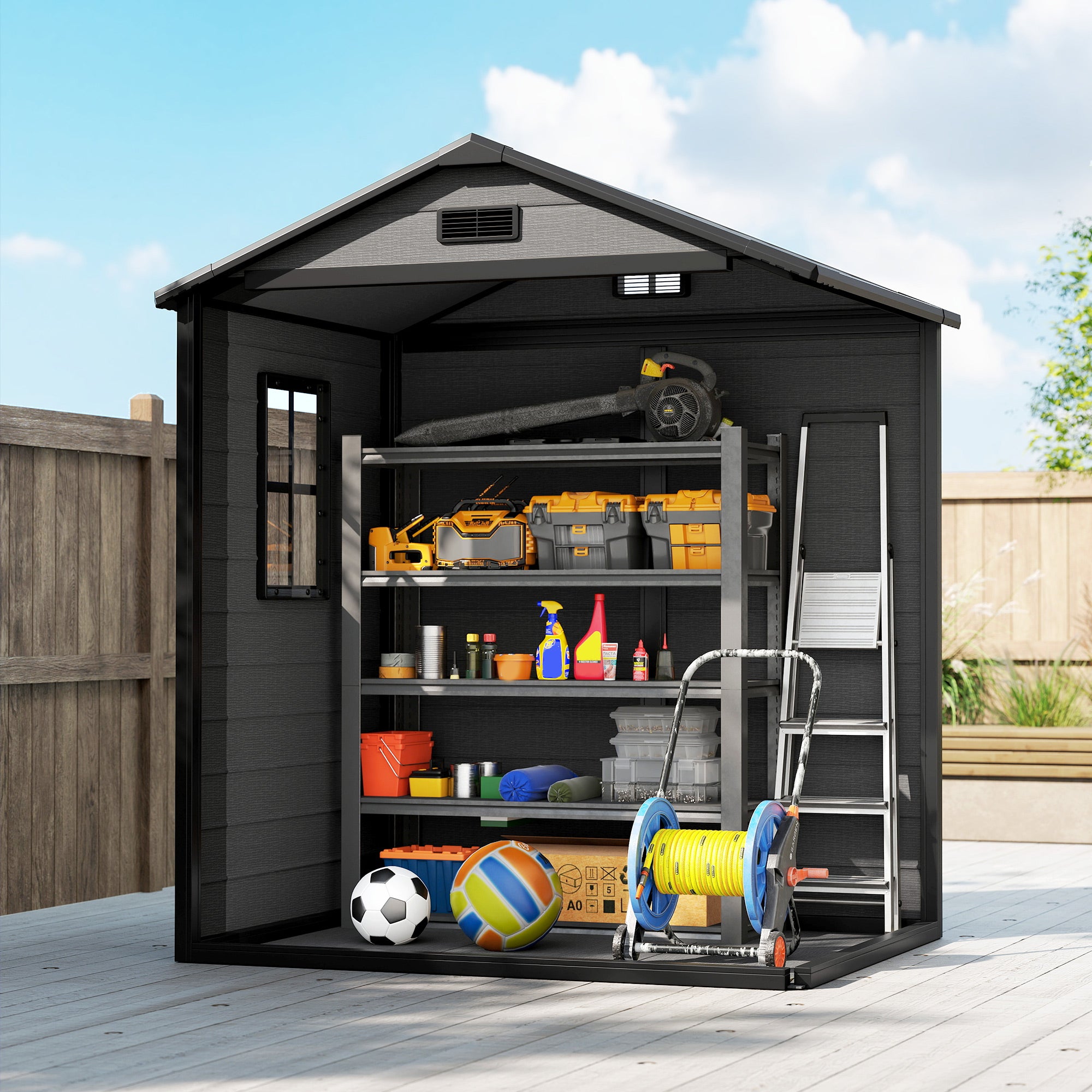 Outsunny 6'x4.5' Garden Storage Shed, Lockable Garden Shed with Double Doors, Window, Vent and Plastic Roof, Dark Grey 