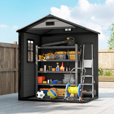 Outsunny 6'x4.5' Garden Storage Shed, Lockable Garden Shed with Double Doors, Window, Vent and Plastic Roof, Dark Grey 