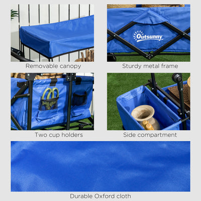 Outsunny Folding Trolley Cart Storage Wagon Beach Trailer 4 Wheels with Handle Overhead Canopy Cart Push Pull for Camping, Blue 