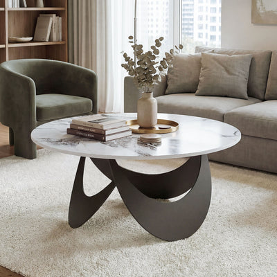 HOMCOM Coffee Table Sintered Stone Top Adjustable Foot Pads Modern Centre Table for Living Room White and Black