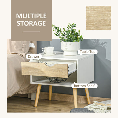 HOMCOM Bedside Table with Drawer and Shelf, Modern Nightstand, End Table for Bedroom, Living Room, Set of 2 