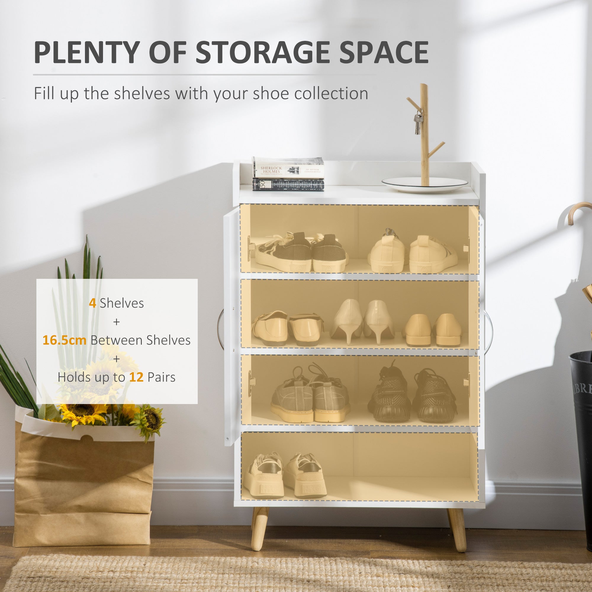 HOMCOM Modern Shoe Cabinet Storage Organizer with Doors and Shelves for Hallway & Entryway, 60L x 30W x 92Hcm, White 