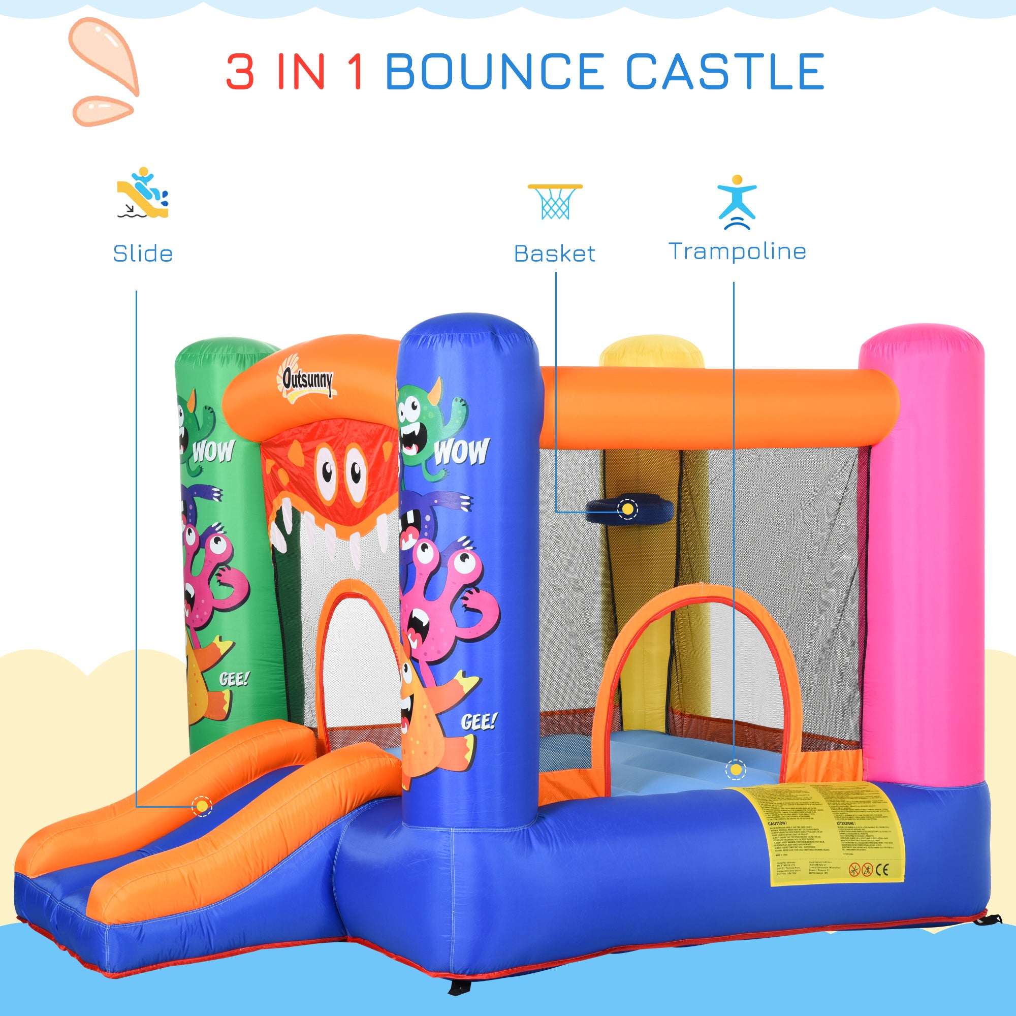 Outsunny Bouncy Castle Inflatable Basket Trampoline Slide Monster Design 180 x 250 x 175 (CM) 