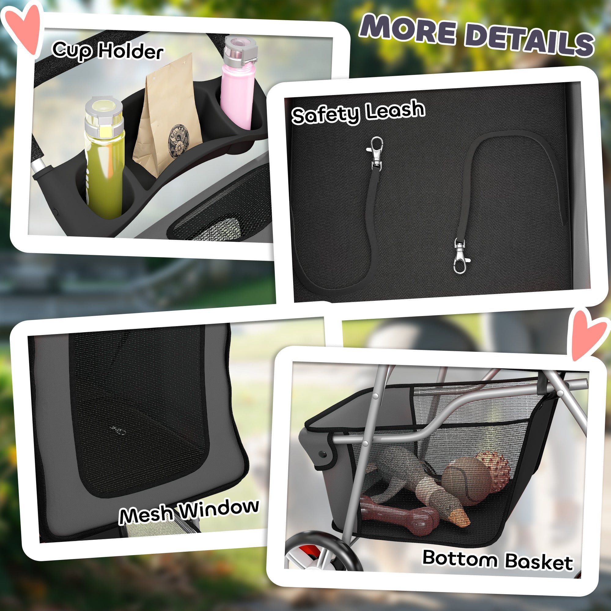 PawHut Dog Pram, Pet Stroller with Reflective Strips, Foldable Cat Stroller with 360° Swivel Wheels, Dark Grey 