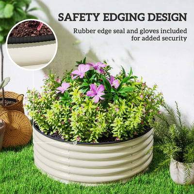 Outsunny Galvanised Raised Garden Bed with Safety Edging, Outdoor Raised Planter Box with Gloves, 120 x 120 x 43cm, Cream White 