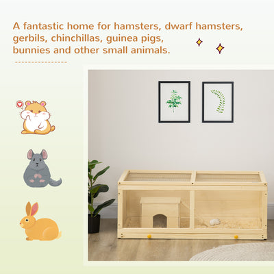 PawHut Wooden Hamster Cage with Sliding Tray, Openable Top, Hut for Syrian Hamsters, Natural Wood 