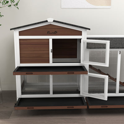 PawHut Wooden Two-Tier Pet Hutch with Wheels, Run - Brown 