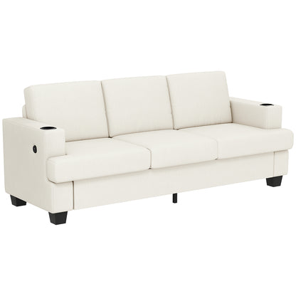 HOMCOM 3 Seater Sofa with USB Ports & Cup Holders - Cream White