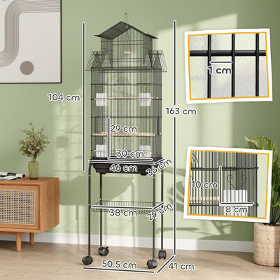 PawHut Metal Bird Cage with Plastic Swing, Perch, Food Container, Tray, Handle, for Finches, Canaries, Budgies, 43 x 32.5 x 163 